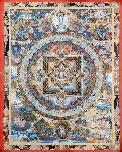 [art From Bhaktapur], Buddhist Handmade Thangka Of Mandala, [hand Painted], [antique], [real Gold]