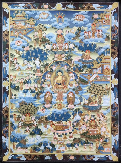 [art From Bhaktapur], Buddhist Handmade Thangka Of Buddha Life Story, [hand Painted], [antique], [real Gold]