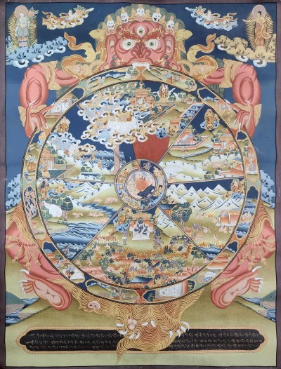 [art From Bhaktapur], Buddhist Handmade Thangka Of Wheel Of Life, [hand Painted], [antique], [real Gold]
