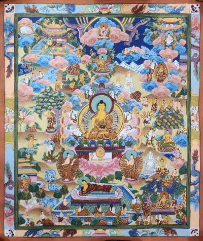 [art From Bhaktapur], Buddhist Handmade Thangka Of Buddha Life Story, [hand Painted], [antique], [real Gold]