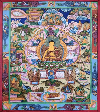 [art From Bhaktapur], Buddhist Handmade Thangka Of Buddha Life Story, [hand Painted], [antique], [real Gold]