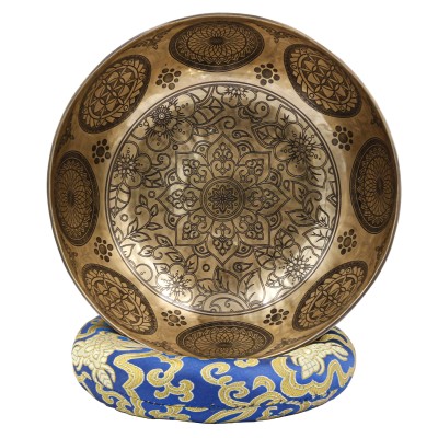 Buddhist Hand Beaten Jambati Singing Bowl, With Premium Etching Carving Of [flower Design], [select Accessories]