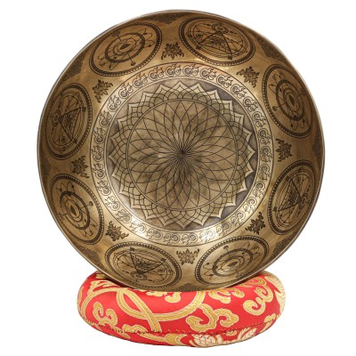 Buddhist Hand Beaten Jambati Singing Bowl, With Premium Etching Carving Of [flower Design], [select Accessories]