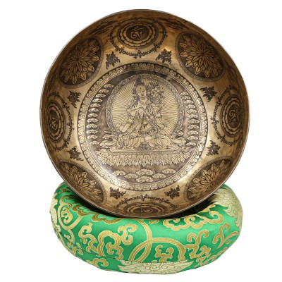 Buddhist Hand Beaten Jambati Singing Bowl, With Premium Etching Carving Of [white Tara], [select Accessories]