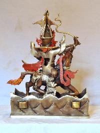 Buddhist Handmade Statue Of Gyalpo Gesar, [silver And Chocolate Oxidized], [face Painted]
