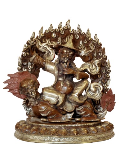 Buddhist Handmade Statue Of Dorje Legpa, [silver And Chocolate Oxidized]