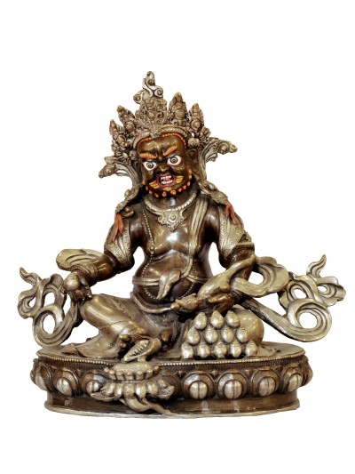 Buddhist Handmade Statue Of Yellow Jambhala, [silver And Chocolate Oxidized]