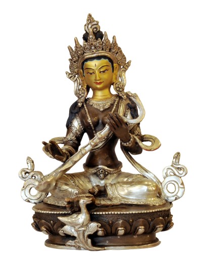 Nepali Handmade Statue Of Saraswati, [silver And Chocolate Oxidized], [face Painted]