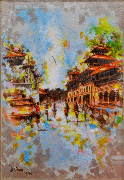 Kathmandu Durbar Square Textured Painting, Art From Bhaktapur
