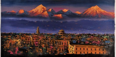 Bhaktapur Valley Evening View [textured Oil Colour Painting], Bhaktapur Art
