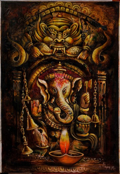 Tantrik Ganesh [textured Oil Colour Painting], Bhaktapur Art
