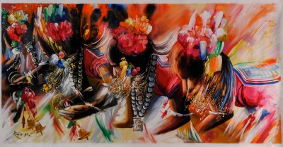 Tharu Cultural Dance (female ) [textured Oil Colour Painting], Bhaktapur Art