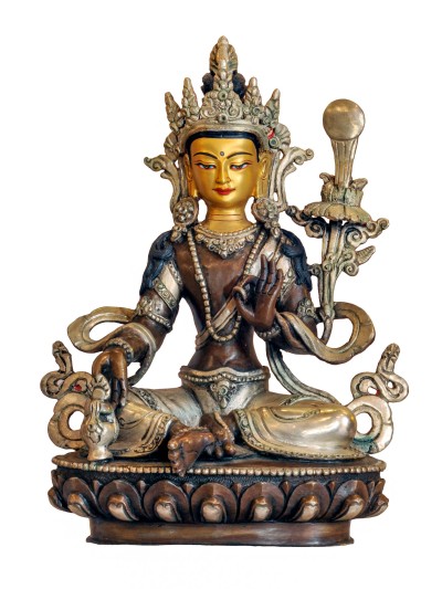 Buddhist Handmade Statue Of 21 Tara, [face Painted], [silver And Chocolate Oxidized]