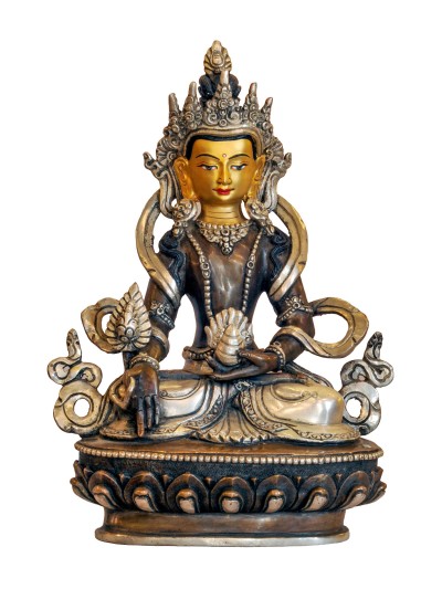 Buddhist Handmade Statue Of [name Ksitigarbha - Bodhisattva], [face Painted], [silver And Chocolate Oxidized]