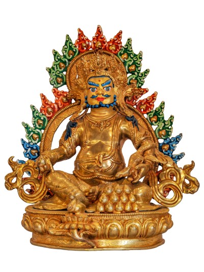 Buddhist Handmade Statue Of Yellow Jambhala, [face Painted], [gold Plated]