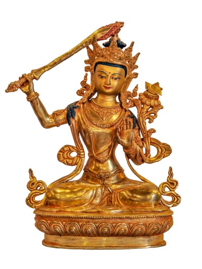Buddhist Handmade Statue Of Manjushri, [face Painted], [gold Plated]
