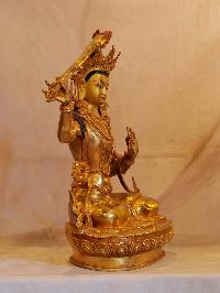 Buddhist Handmade Statue Of Manjushri, [face Painted], [gold Plated]