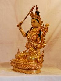 Buddhist Handmade Statue Of Manjushri, [face Painted], [gold Plated]