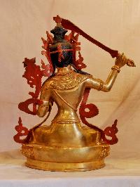 Buddhist Handmade Statue Of Manjushri, [face Painted], [gold Plated]