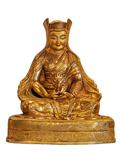 Buddhist Handmade Statue Of Gampopa, [face Painted], [gold Plated]