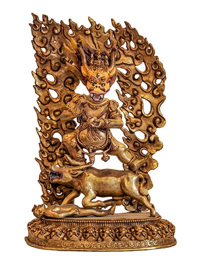 Buddhist Handmade Statue Of Yamantaka, Full Gold Plated, [face Painted], Megasambhara, Vajrabhairava Heruka