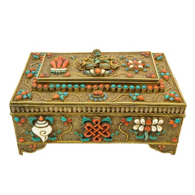 Buddhist Handmade Jewelry Box, [gold Plated], [stone Setting], [ashtamangala], With Siku Design