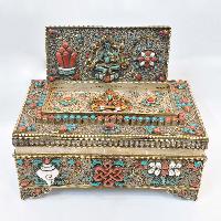 Buddhist Handmade Jewelry Box, [gold Plated], [stone Setting], [ashtamangala], With Siku Design