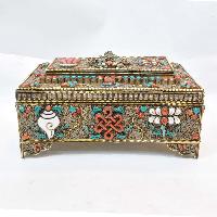 Buddhist Handmade Jewelry Box, [gold Plated], [stone Setting], [ashtamangala], With Siku Design