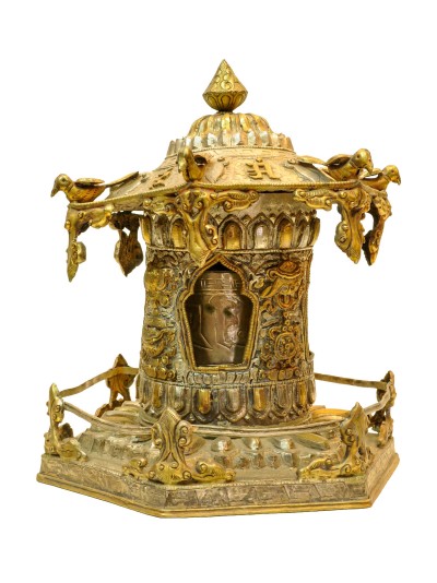 [antique], Buddhist Handmade [prayer Wheel] Or Mane, [full Gold Plated]
