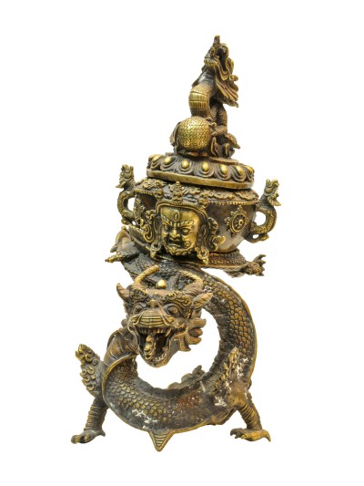 Buddhist Handmade Incense Burner Of [mahakala] Face At Front, With [dragon Design], [makal, Maka, Incense Burner]