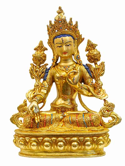 Buddhist Handmade Statue Of White Tara, [full Fire Gold Plated], [face Painted], [stone Setting]
