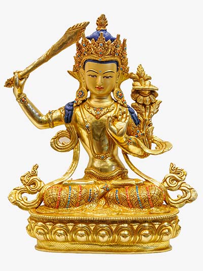 Buddhist Handmade Statue Of Manjushri, [full Fire Gold Plated], [face Painted], [stone Setting]