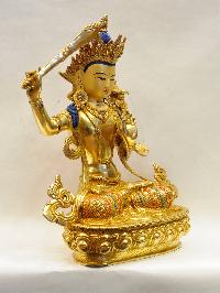 Buddhist Handmade Statue Of Manjushri, [full Fire Gold Plated], [face Painted], [stone Setting]
