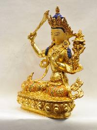 Buddhist Handmade Statue Of Manjushri, [full Fire Gold Plated], [face Painted], [stone Setting]