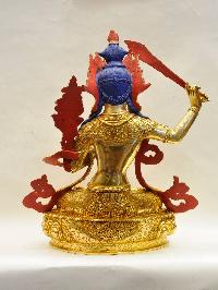 Buddhist Handmade Statue Of Manjushri, [full Fire Gold Plated], [face Painted], [stone Setting]