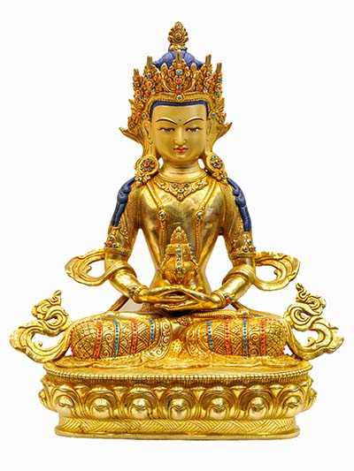 Buddhist Handmade Statue Of Aparimita, [full Fire Gold Plated], [face Painted], [stone Setting], Amitayus, Chepame