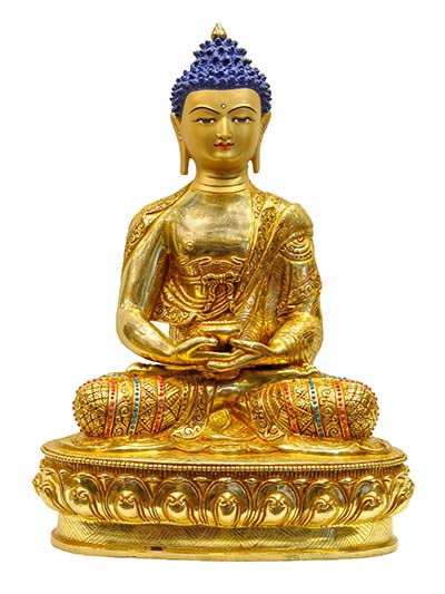 Buddhist Handmade Statue Of Amitabha Buddha, [full Fire Gold Plated], [face Painted], [stone Setting]