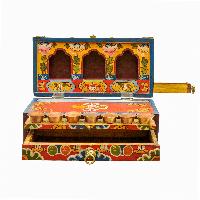 Buddhist Handmade Wooden Traveling Altar Box, [foldable], Double Dorje Design, Traditional Color Painted