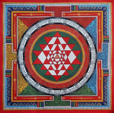 [art From Bhaktapur], Buddhist Handmade Thangka Of Mandala, With [yantra] Design, [hand Painted], [antique], [real Gold]