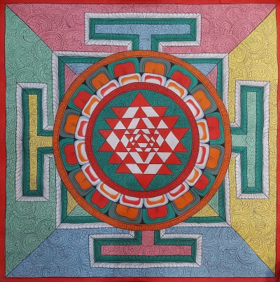 [art From Bhaktapur], Buddhist Handmade Thangka Of [newari Style] Sri Yantra Design, [hand Painted], [antique], [real Gold]
