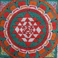 [art From Bhaktapur], Buddhist Handmade Thangka Of [newari Style] Sri Yantra Design, [hand Painted], [antique], [real Gold]