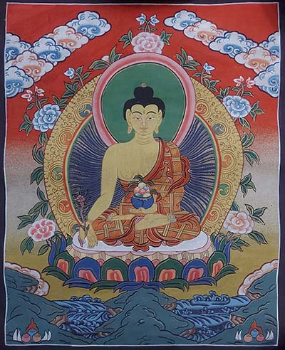 [art From Bhaktapur], Buddhist Handmade Thangka Painting Of Medicine Buddha, [antique], [real Gold]