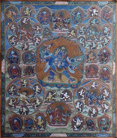 [art From Bhaktapur], Buddhist Handmade Thangka Of Vajrakilaya, [antique], [real Gold]