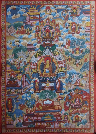 [art From Bhaktapur], Buddhist Handmade Thangka Of Buddha Life Story, [hand Painted], [antique], [real Gold]