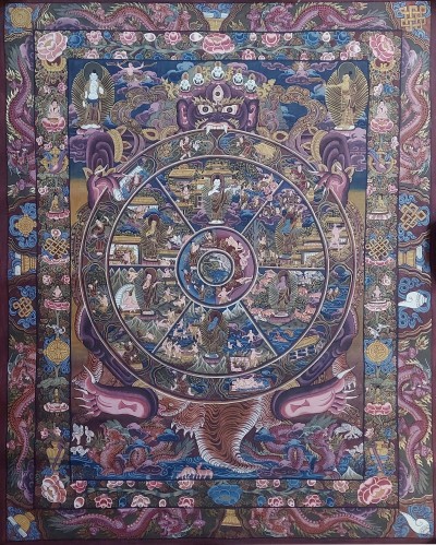 [art From Bhaktapur], Buddhist Handmade Thangka Of Wheel Of Life, [hand Painted], [antique], [real Gold]