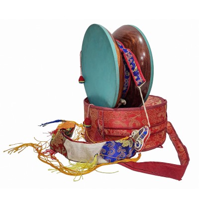 Chod Damaru, [high Quality] Rose Wood Bhutanese Chod Damaru, With Brocade Cover And Tail