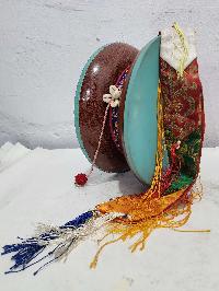 Chod Damaru, [high Quality] Rose Wood Bhutanese Chod Damaru, With Brocade Cover And Tail