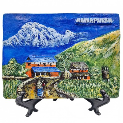 [3d] Fiber Art Of Annapurna Himal And Village Of Nepal With Stand And Wall Hanger