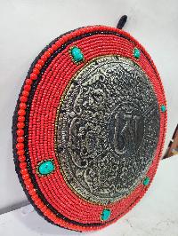 Traditional Tibetan, Ritual Wall Hanging Of Ashtamangala Mandala With [om], Round Shape, [stone Setting]