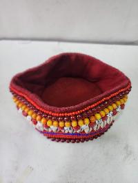 Handmade Woolen Cap With Conch [cowry Shell] And Beads